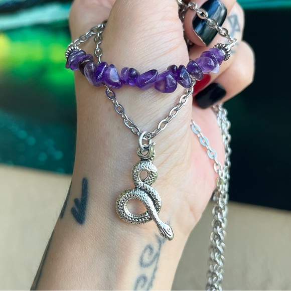 Set ! Amethyst double layer necklace snake + matching earrings boho goth celtic - Picture 5 of 11